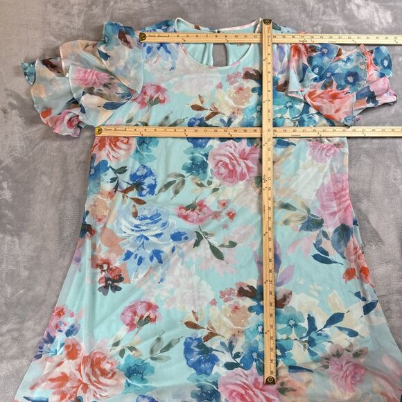 Calvin Klein Women’s Plus 22W Floral Dress Blue Green Ruffle Sleeve Polyester - Picture 3 of 5